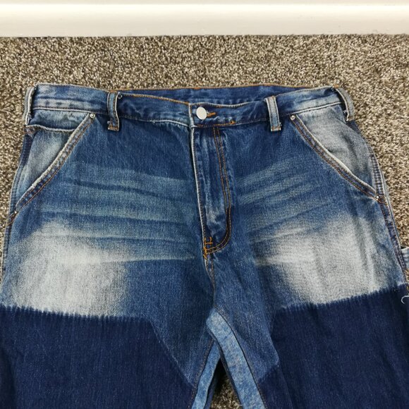 MNML Jeans B118 Work Flare Denim Blue Patchwork Pants Mens 34x34 - Picture 2 of 9